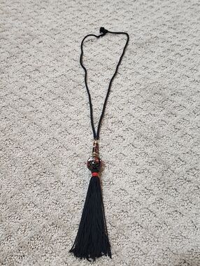Vintage Cloisonne Black & Red Floral Ball Pendant Necklace With Tassel